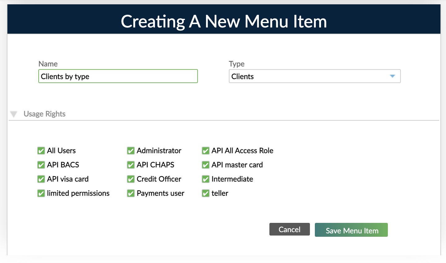 Creating a new menu item dialog